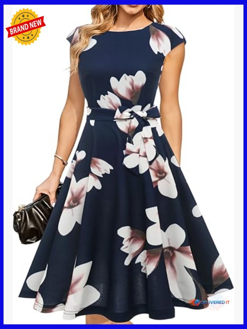 Women's Cocktail Dress with Cap Sleeves Modest Fit Flare Midi